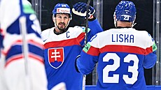 Slovenský kapitán Marek Hrivík slaví trefu proti Norsku.