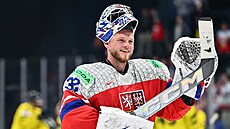 Gólman Josef Ko�ená� slaví triumf nad �védy.