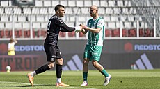 Branká� Tomá� Frühwald a obránce David Lischka z Bohemians se radují z chycené...