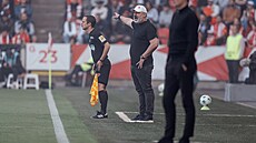 Fanou�ci Slavie vtrhli na h�i�t� p�ed koncem zápasu. Na snímku trenér Slavie...