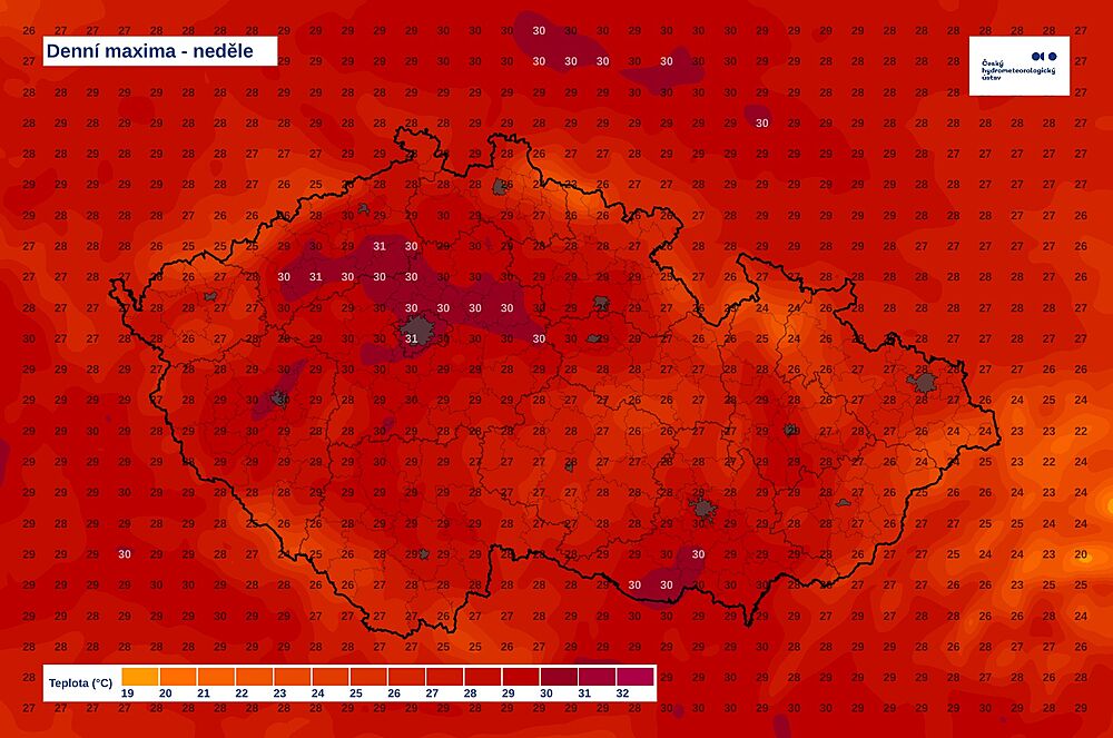 Çek Cumhuriyeti'nde sıcak hava. CHMÚ haritası sıcaklığın 30 derece olacağını gösteriyor