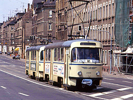Leipzig. Tatra T4D Tram pair, Linie 11, June 1993