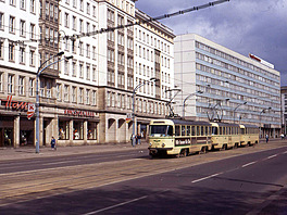 Magdeburg with Konsum Schuh Haus and Tatra T4D tram nr 1128. DDR. May 1990