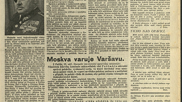 Pra�sk� noviny z 24. z��� 1938. Cel� tituln� strana dokazuj�c� hloupost oh�ba�� historie, kte�� napaden� Polska Sov�tsk�m svazem obhajuj� jako pomoc �eskoslovensku.