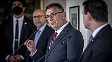 Izraelský ministr zahrani�í Gideon Sa�ar na tiskové konferenci po setkání s...