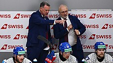 Hlavní trenér Radim Rulík v debat� s asistentem Ji�ím Kalousem v utkání s...