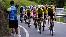 Tým Visma kontroluje 16. etapu Gira pro Jonase Vingegaarda v r��ovém dresu.