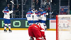 Hokejisté Slovenska se radují z gólu b�hem zápasu proti Dánsku