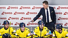Trenér �védské reprezentace Sam Hallam b�hem zápasu s Norskem.