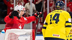 Calvin Thürkauf slaví gól na 3:1 ve �tvrtfinále sv�tového �ampionátu proti...