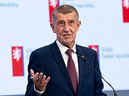 Premiér Andrej Babi� na tiskové konferenci vlády. (8. �ervna 2026)