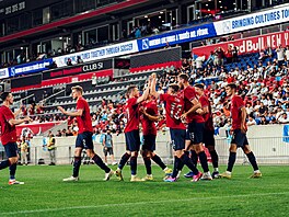 �e�tí fotbalisté se radují z gólu Tomá�e Chorého proti Guatemale.