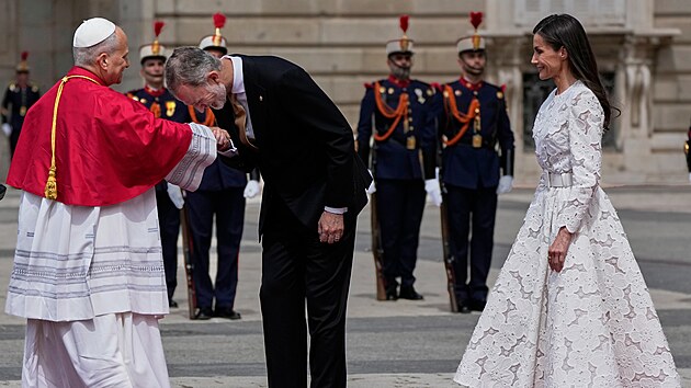 Pape� Lev XIV., �pan�lsk� kr�l Felipe VI. a kr�lovna Letizia v Madridu (6. �ervna 2026)