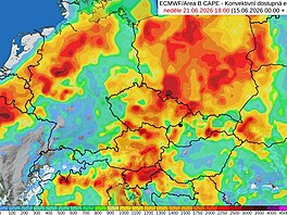 Mapa zachycuje p�edpokládané hodnoty CAPE pro ned�lní odpoledne. Jde o ukazatel...