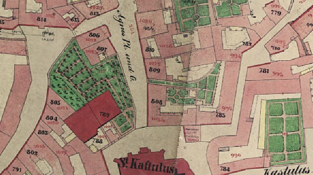 Ane�sk� ulice i viditeln� uli�ka na map� z roku 1842.