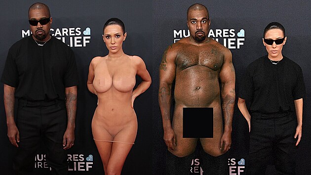 Kanye West a Bianca Censori na cenách Grammy (vlevo) a vtípek na adresu rapera...