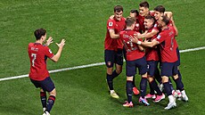 �eská reprezentace slaví vedoucí gól proti JAR.