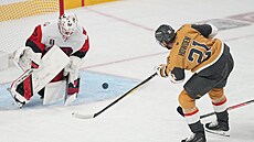 Gólman Brandon Bussi z Caroliny kryje st�elu úto�níka Vegas Brett Howden.
