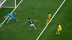 Mexický úto�ník Raúl Jiménez st�ílí gól do sít� Jihoafrické republiky.