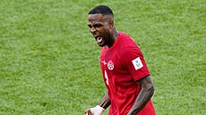 Kanadský úto�ník Cyle Larin slaví gól do sít� Bosny.
