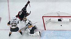 Sebastian Aho (20) z Carolina Hurricanes slaví svou trefu proti Vegas Golden...