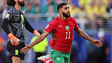 Marocký úto�ník Ismael Sajbárí se raduje ze svého gólu proti Brazílii.