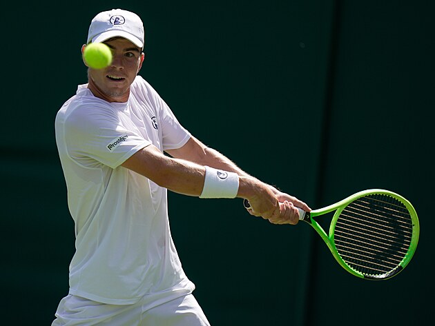 Dalibor Svr�ina se nap�ahuje k �deru v prvn�m kole Wimbledonu.