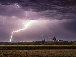 Na no�ní obloze nad Pforzheimem v Bádensku-Virtembersku se b�hem letní bou�ky...