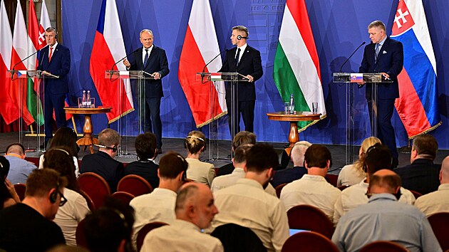 Andrej Babi�, Donald Tusk, Peter Magyar a Robert Fico na sch�zce premi�r� zem� visegr�dsk� �ty�ky (23. �ervna 2026)