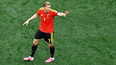 Belgický zálo�ník Kevin De Bruyne reaguje v zápase s Íránem.