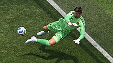 Belgický gólman Thibaut Courtois zasahuje v duelu s Íránem.