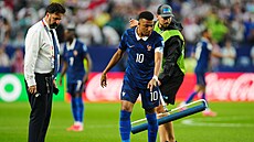 Kylian Mbappé z Francie ukazuje po�adatel�m, kde mají vysu�it trávník.