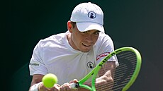 Dalibor Svr�ina returnuje v prvním kole Wimbledonu.