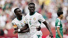 Vpravo Abdoulaye Seck slaví se spoluhrá�em Idrissaem Gueyem gól proti Iráku.