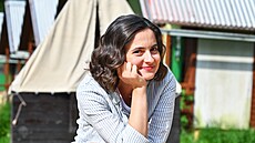Eva Podzimková p�i natá�ení filmu Po ve�erce