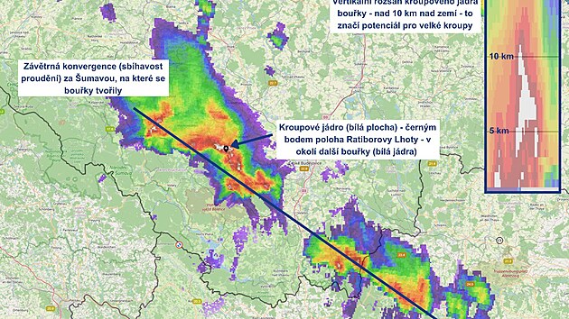 Radarov� anal�za �esk�ho hydrometeorologick�ho �stavu ukazuje v�voj bou�ek nad Po�umav�m. Podle meteorolog� vedla interakce n�kolika siln�ch bou�� ke vzniku supercel a krup o velikosti a� 10 centimetr�.