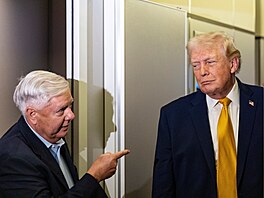 Americký senátor Lindsey Graham (vlevo) po boku prezidenta Trumpa na palub� Air...
