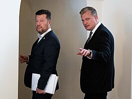 Filip Turek a Tomio Okamura po jednání koali�ní rady (10.�ervence 2026)