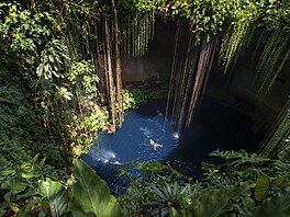 Cenote Ik Kil (Yucatán, Mexiko): Smaragdov� zbarvenou vodní hladinu obklopují...