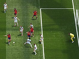�pan�lský zálo�ník Rodri st�ílí v utkání s Belgií.