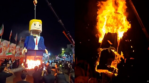 Figurka Donalda Trumpa skon�ila v plamenech b�hem poh�bu Chameneího