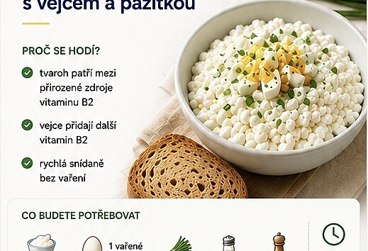 V�t�ina lid� p�ij�m� vitamin B2 hlavn� z ml��n�ch v�robk�. Tvarohov� pomaz�nka s vejcem proto pat�� mezi jednoduch� sn�dan�, kter� pomohou riboflavin p�irozen� doplnit.