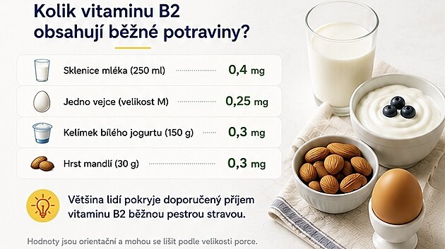 Podle Evropsk�ho ��adu pro bezpe�nost potravin (EFSA) �in� doporu�en� denn� p��jem vitaminu B2 u dosp�l�ch 1,6 mg. Jak ukazuj� orienta�n� hodnoty v p�ehledu, v�t�inu t�to d�vky lze pokr�t kombinac� n�kolika b�n�ch potravin b�hem dne.