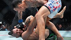 Max Holloway posílá údery do le�ícího a u� zran�ného Conora McGregora.