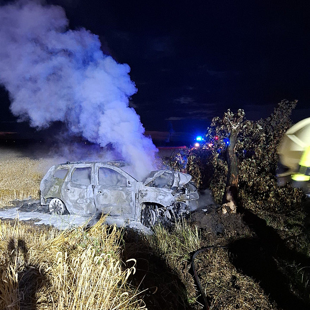 Řidička ve čtyři ráno usnula za volantem, auto po nárazu do stromu shořelo