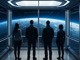 Futuristická p�edstava budoucnosti. Ilustra�ní fotografie cestování vesmírem.