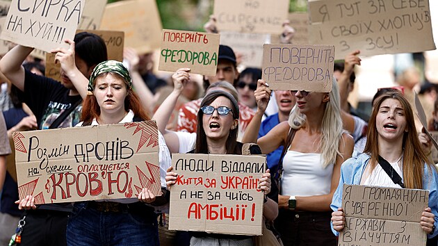 Kyjev. Protest proti odvol�n� Mychajla Fedorova z pozice ukrajinsk�ho ministra obrany (17. �ervence 2026)