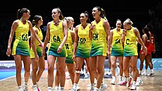 St�ih �lutozelených dres� australských netballistek na Hrách Commonwealthu...
