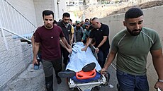 Lidé p�evá�ejí mrtvého Palestince po izraelském útoku u vesnice Till na...
