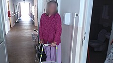 Osmdesátiletou �enu, která krá�ela s chodítkem po pr�tahu Karlovými Vary,...